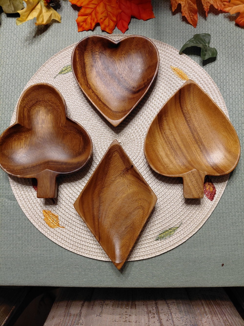 Handcrafted Wooden Card Suit Serving Bowls - Brown
